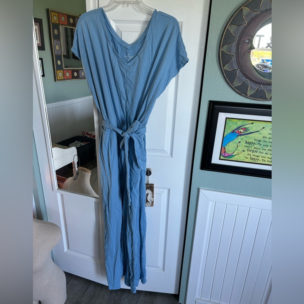 Cuddl Duds Crinkle Jersey V-Neck Jumpsuit Tie Front Detail Women's Blue